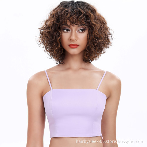 Wholesale vendor 12 inches brown kinky heat resistant ombre curly short Bob with a bang synthetic hair wigs for black women
